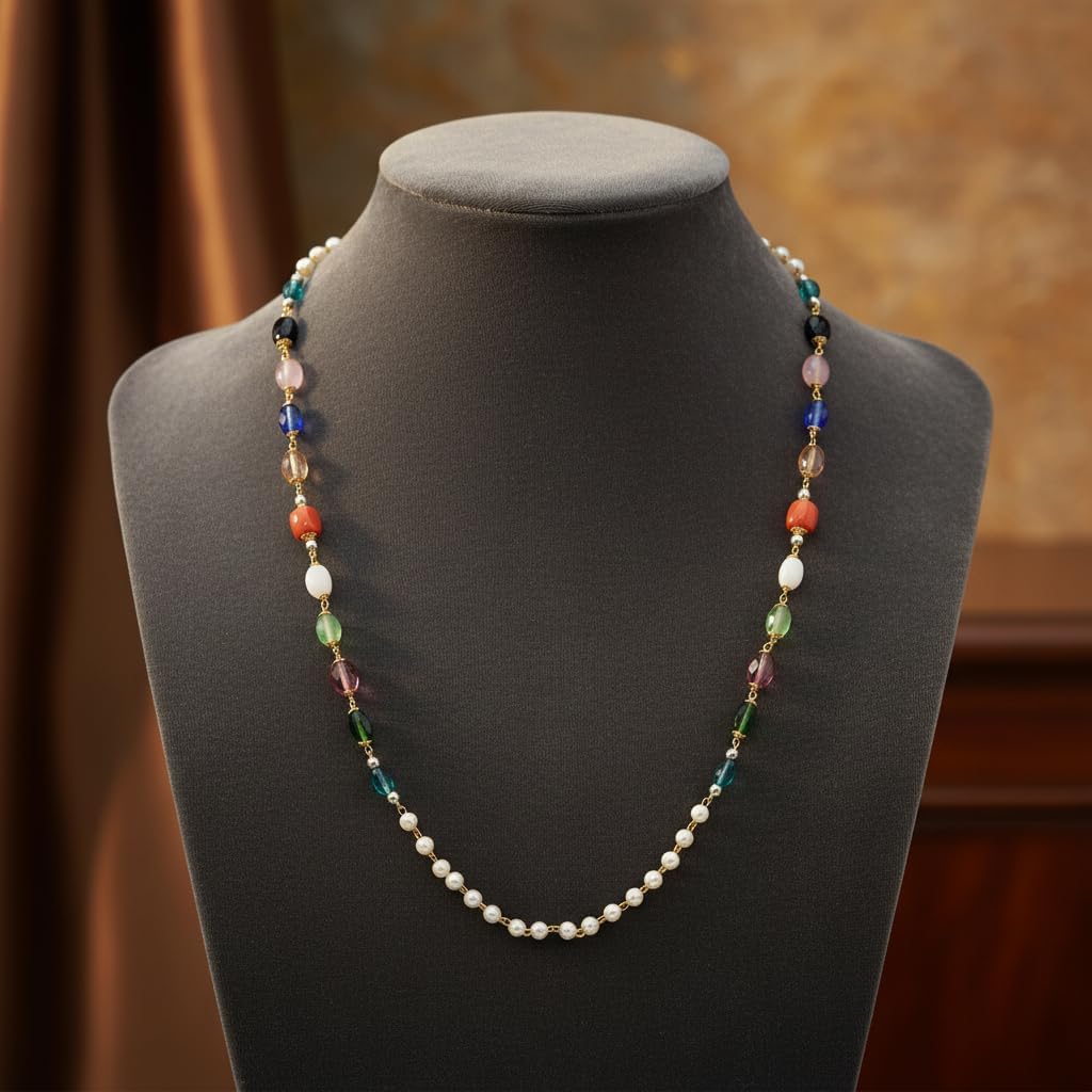 438533-Pretty Precious Pearl and Multicolour Gemstone Beaded Necklace, Gold Plated Chain with Green Blue Pink Turquoise Oval Stones