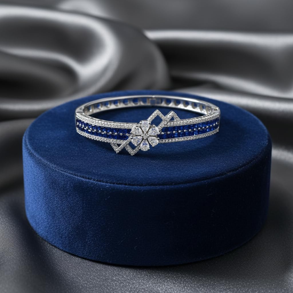 1409-Pretty Precious Rhodium Plated American Diamond Openable Kada Bracelet for Women, Cubic Zirconia, Alloy Steel-Blue