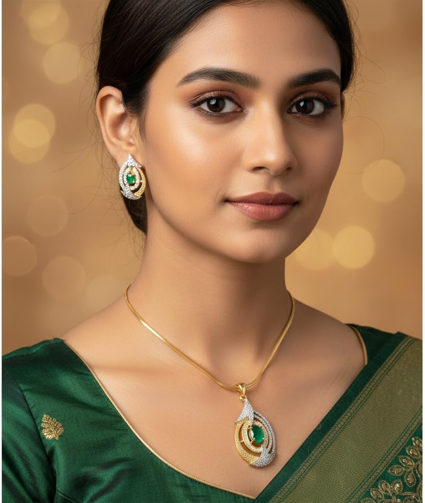 1394-Pretty Precious AD Two Tone Pendant Set for Women | American Diamond Pendant with Earrings & Chain | Elegant Party, Wedding & Daily Wear Jewellery-Green