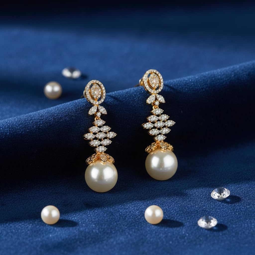 437572-Pretty Precious Two Tone Plated American Diamond Earrings for Women & Girls | AD Cubic Zirconia Stud Earrings | Gold & Silver Tone Elegant Jewellery | Party & Wedding Wear-White with Pearl