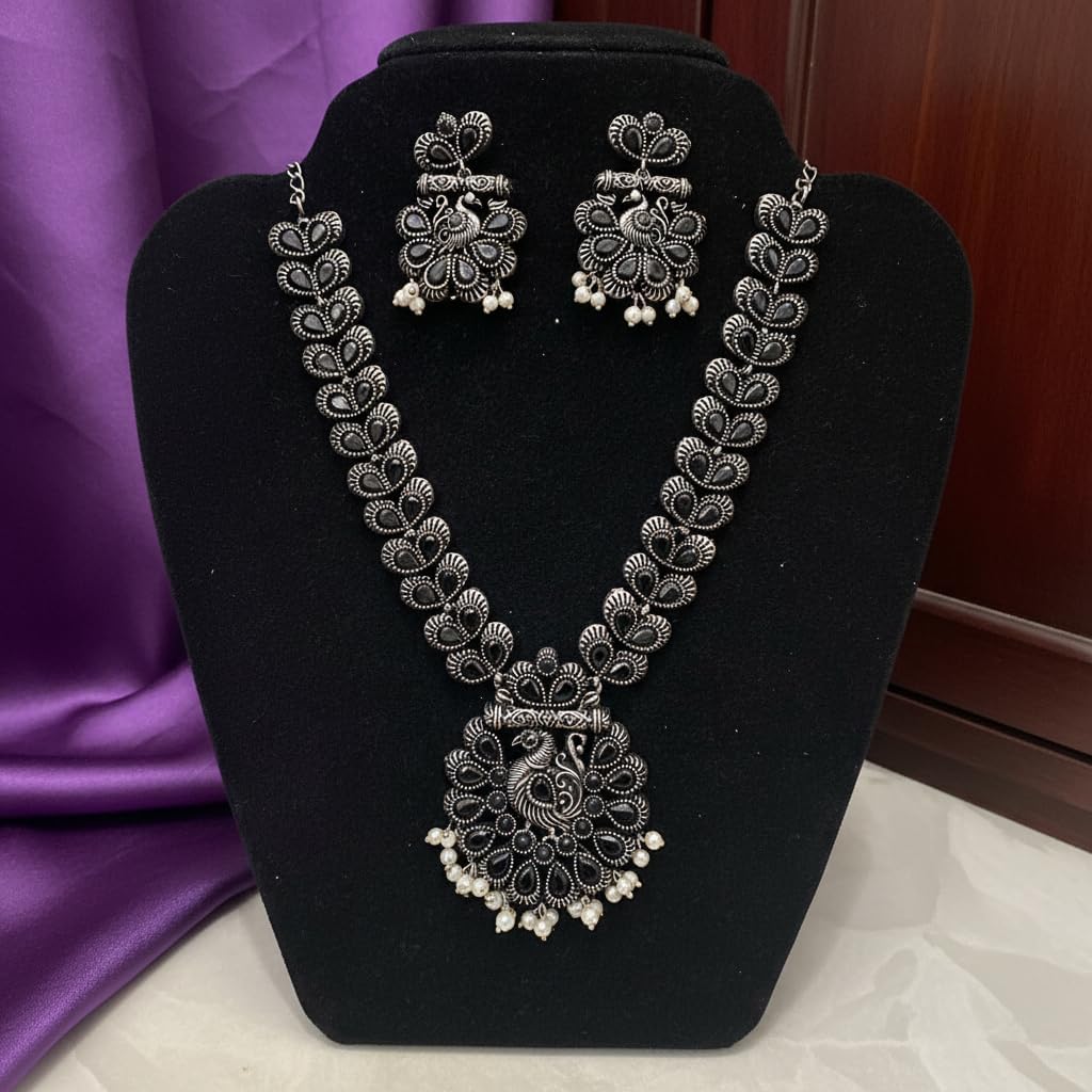 1550-Pretty Precious Latest Stylish Traditional Oxidised Silver Necklace Jewellery Set for Women | Antique Finish Ethnic Necklace with Matching Earrings | Festive & Party Wear-Black Colour