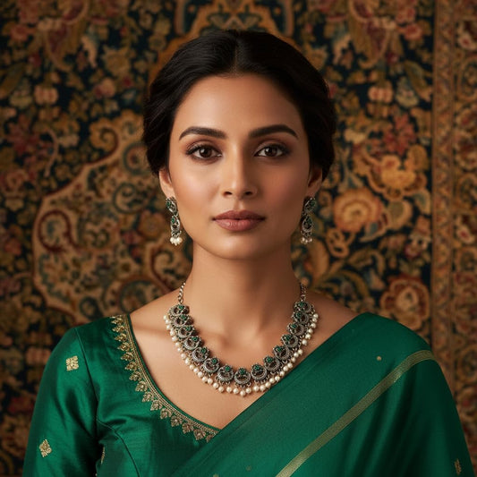 1557-Pretty Precious Latest Stylish Traditional Oxidised Silver Necklace Jewellery Set for Women | Antique Finish Ethnic Necklace with Matching Earrings | Festive & Party Wear-Green Colour