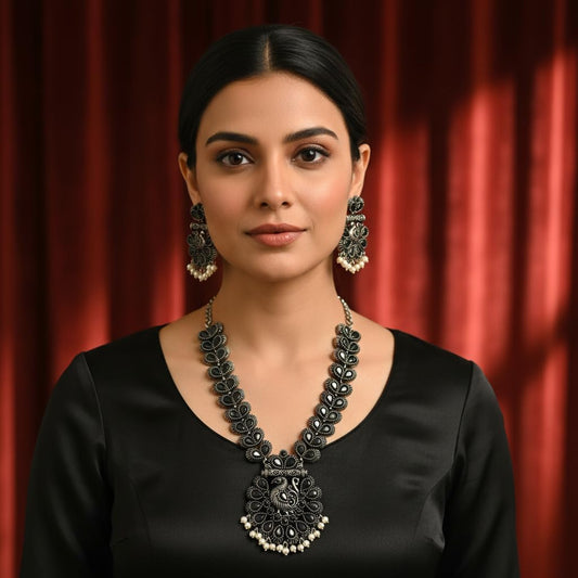 1550-Pretty Precious Latest Stylish Traditional Oxidised Silver Necklace Jewellery Set for Women | Antique Finish Ethnic Necklace with Matching Earrings | Festive & Party Wear-Black Colour