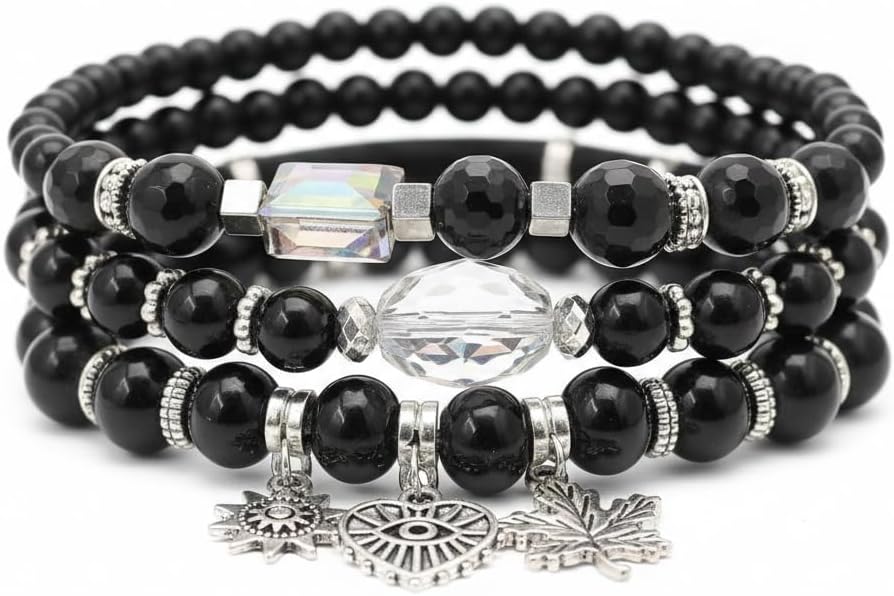 BC26155-Pretty Precious Boho Stackable Beaded Bracelet Set – Elastic Bracelets for Women – Coastal Inspired – Adjustable Handmade Beaded Bracelet (4-Piece Set)-Assorted Colour (Black)