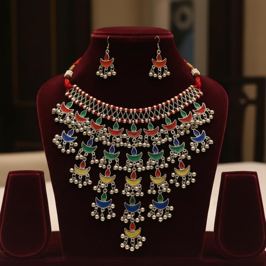1560-Pretty Precious Latest Stylish Traditional Oxidised Silver Necklace Jewellery Set for Women | Antique Finish Ethnic Necklace with Earrings | Festive & Party Wear-Multi Colour Afghani Style