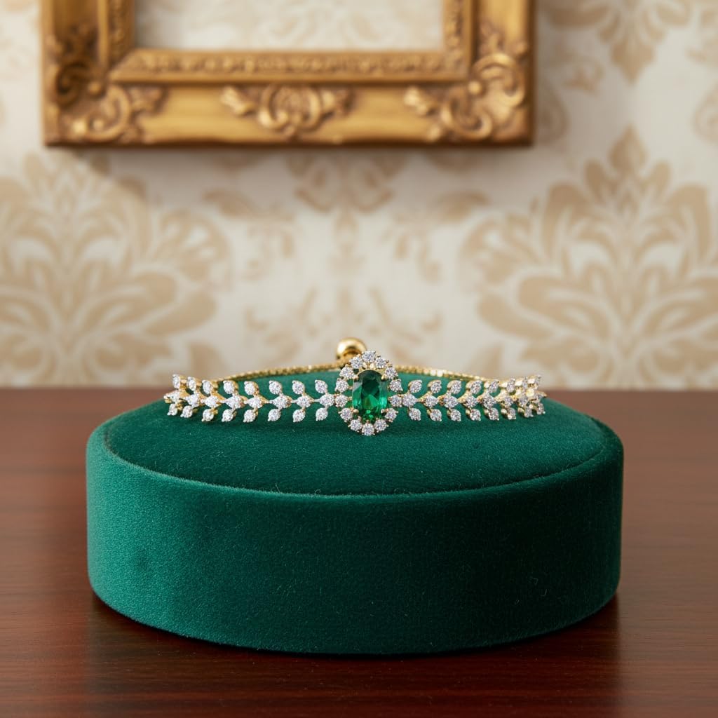 440064-Pretty Precious Gold Plated Cubic Zirconia Adjustable Chain Bracelet for Women | Elegant CZ Bracelet | Party, Wedding & Daily Wear Jewellery-Green
