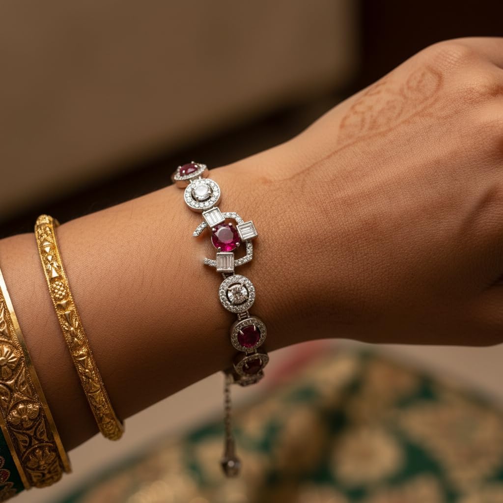 1367-Pretty Precious Adjustable chain Bracelet Cubic Zircon/American Diamond Rohdium Plated for Women and Girls-Ruby colour