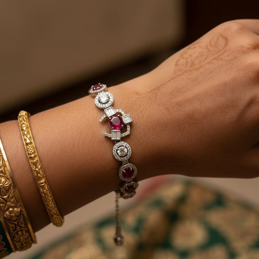 1367-Pretty Precious Adjustable chain Bracelet Cubic Zircon/American Diamond Rohdium Plated for Women and Girls-Ruby colour