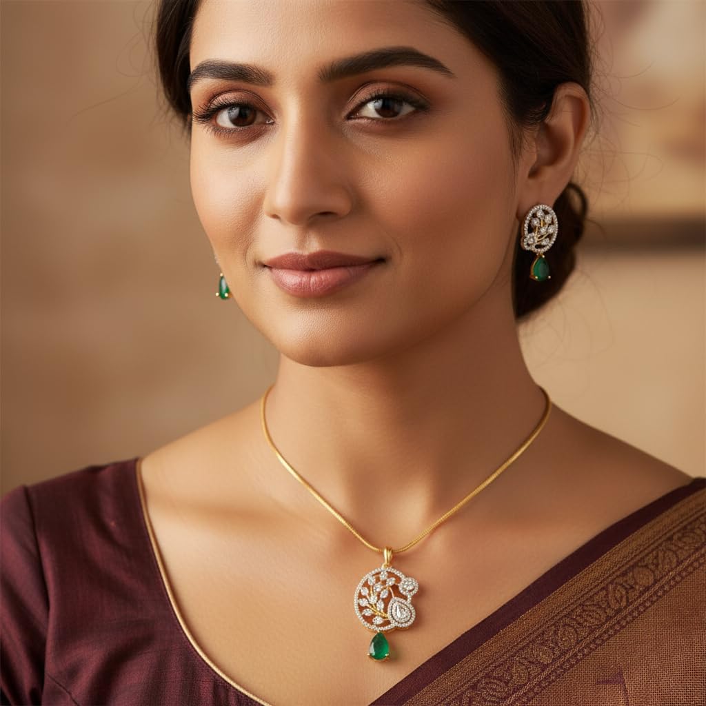 1387-Pretty Precious AD Two Tone Pendant Set for Women | American Diamond Pendant with Earrings & Chain | Elegant Party, Wedding & Daily Wear Jewellery-Green