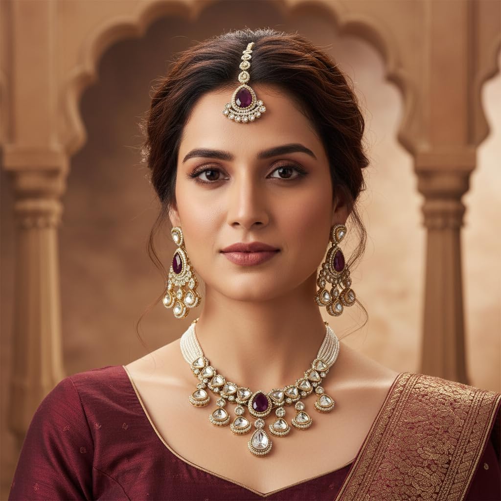 112795-Pretty Precious Kundan Necklace Set with Maang Tikka and Earrings for Women & Girls | Gold Plated Traditional Bridal Jewellery Set | Wedding, Festive & Party Wear-Purple Stone