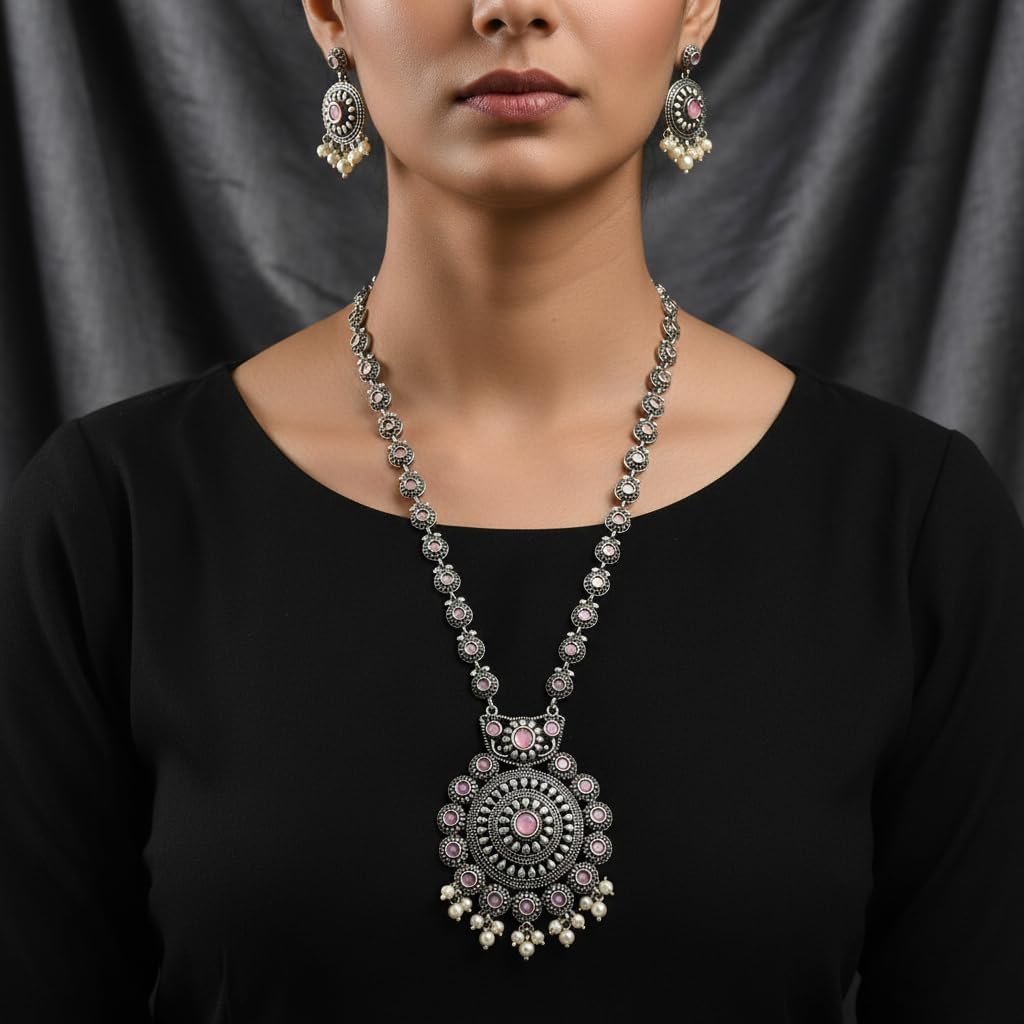 1561-Pretty Precious Latest Stylish Traditional Oxidised Silver Necklace Jewellery Set for Women | Antique Finish Ethnic Necklace with Matching Earrings | Festive & Party Wear-Pink Colour