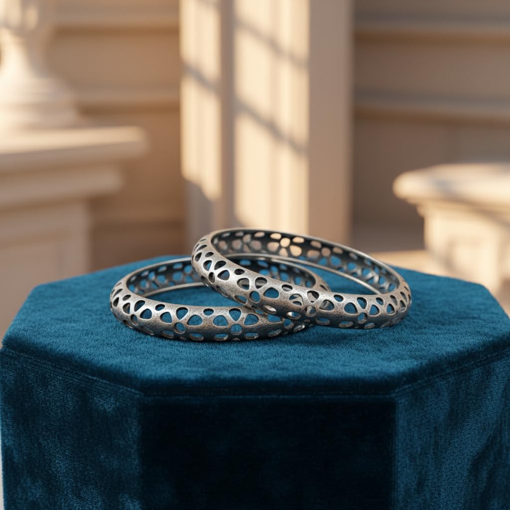 1512-Pretty Precious Oxidised Silver Bangles, Traditional Ethnic Style, Size 2.6, 1 Pair (2 Pieces), Antique Finish
