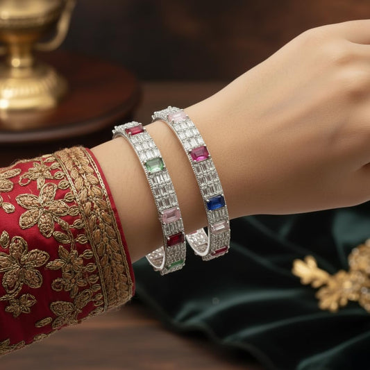 1461-Pretty Precious Rodhium-Plated Cubic Zirconia/American Diamond Traditional Bangles/Bracelet Set of 2 for Women and Girls -Multicolour (Size 2.4)