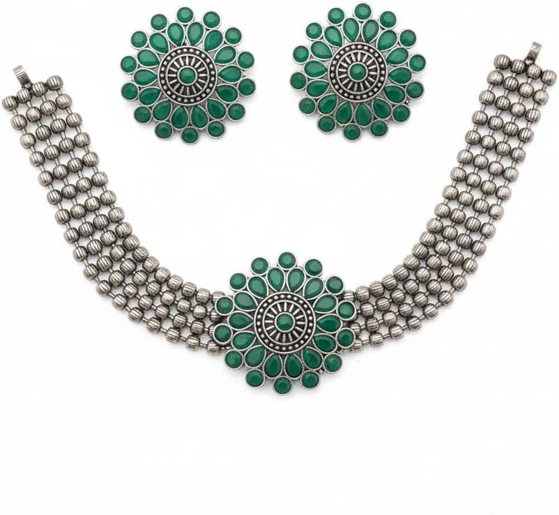 1552-Pretty Precious Latest Stylish Traditional Oxidised Silver Necklace (Choker) Jewellery Set for Women | Antique Finish Ethnic Necklace (Choker) with Matching Earrings | Festive & Party Wear-Green