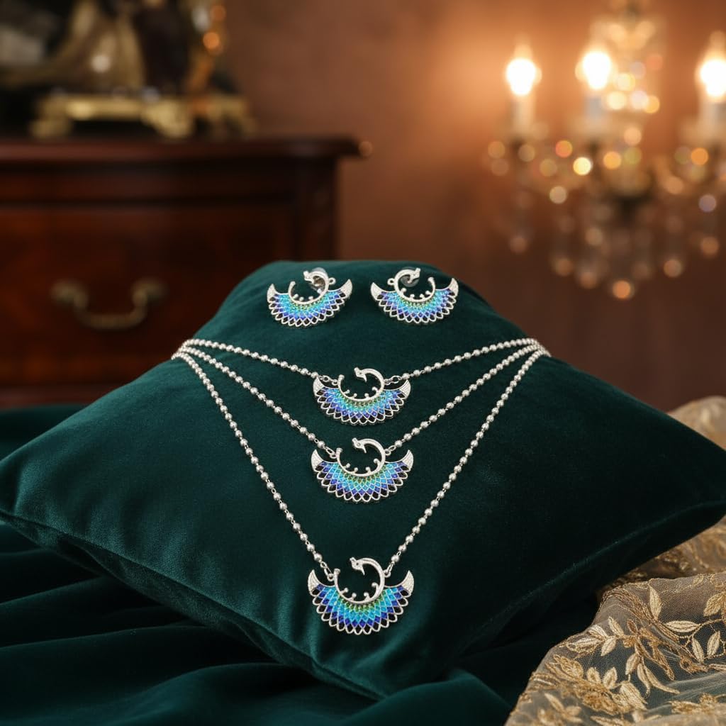 1556-Pretty Precious Latest Stylish Traditional Oxidised Silver Necklace Jewellery Set for Women | Antique Finish Ethnic Necklace with Matching Earrings | Festive & Party Wear-Aqua with Blue