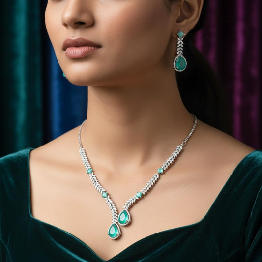 435007-Pretty Precious American Diamond Rhodium Plated Necklace and Earrings Set for Women & Girls | Mint Teardrop Stone | Elegant Wedding, Party & Bridal Jewellery | Statement AD Necklace Set-Mint