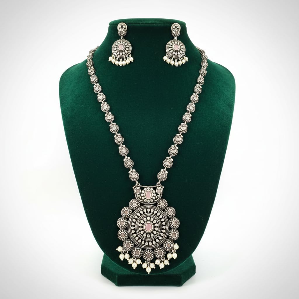 1561-Pretty Precious Latest Stylish Traditional Oxidised Silver Necklace Jewellery Set for Women | Antique Finish Ethnic Necklace with Matching Earrings | Festive & Party Wear-Pink Colour