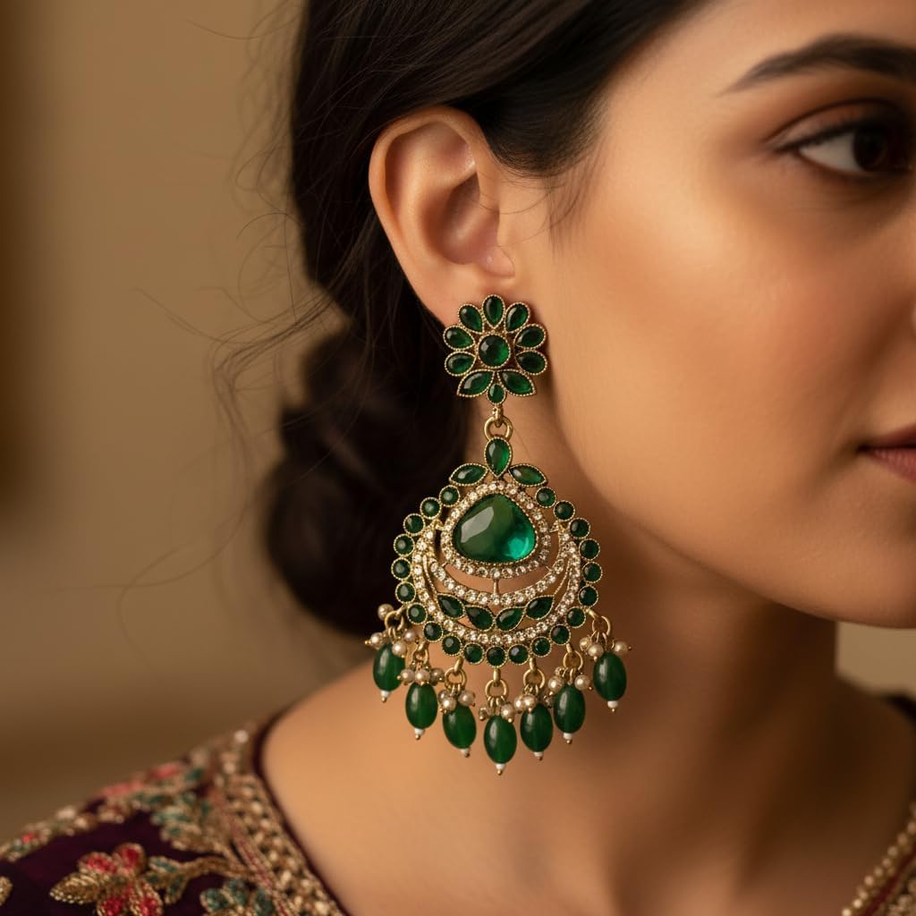 1337-Pretty Precious Traditional Kundan Earring Stylish Party Wear Earrings for Women and Girls-Mehndi Plating Green colour
