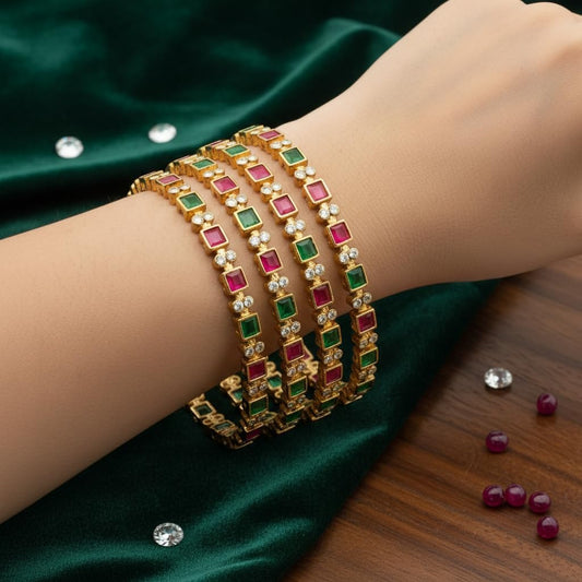 1492-Pretty Precious Gold Plated Cubic Zirconia/American Diamond Traditional Bangles/Bracelet Set of 4 for Women and Girls- Ruby Green (Size 2.8)