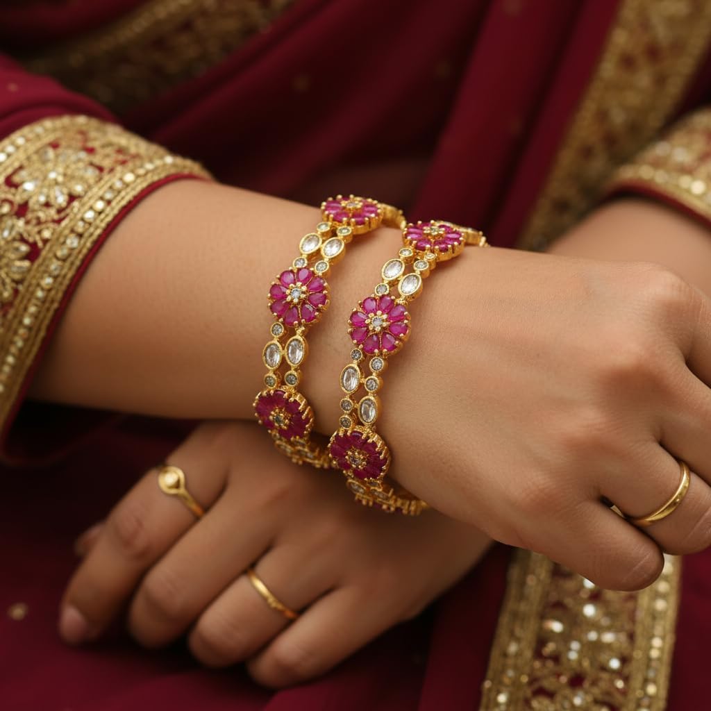 1489-Pretty Precious Gold Plated Cubic Zirconia/American Diamond Traditional Bangles/Bracelet Set of 2 for Women and Girls- Ruby (Size 2.8)