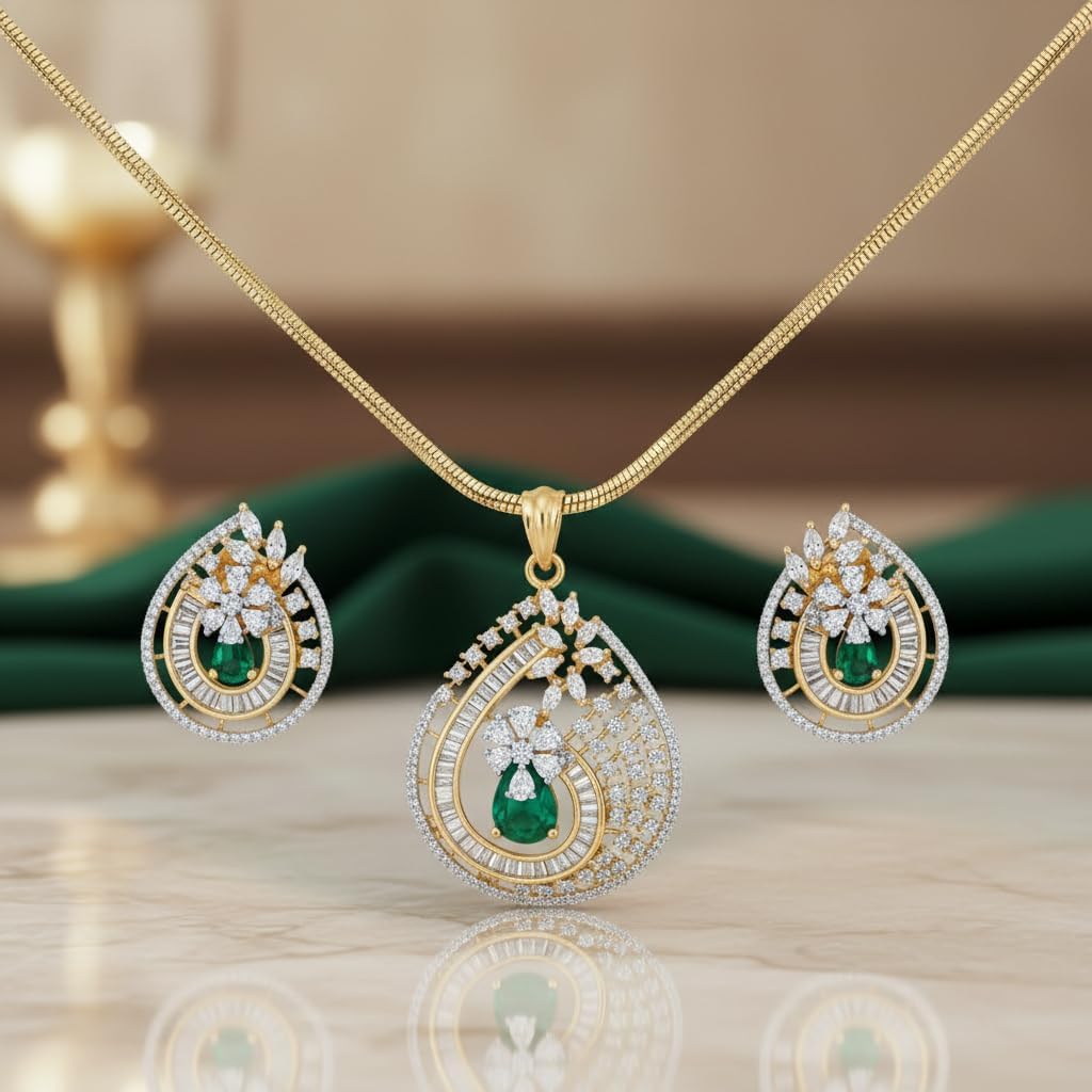 1386-Pretty Precious AD Two Tone Pendant Set for Women | American Diamond Pendant with Earrings & Chain | Elegant Party, Wedding & Daily Wear Jewellery-Green