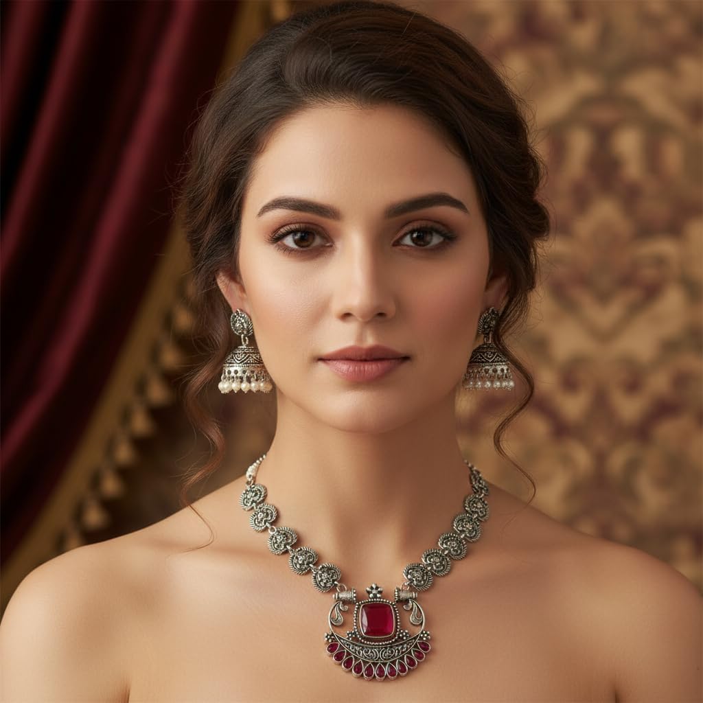 810280-Pretty Precious Latest Stylish Traditional Oxidised Silver Necklace Jewellery Set for Women | Antique Finish Ethnic Necklace with Matching Earrings | Festive & Party Wear-Ruby Colour