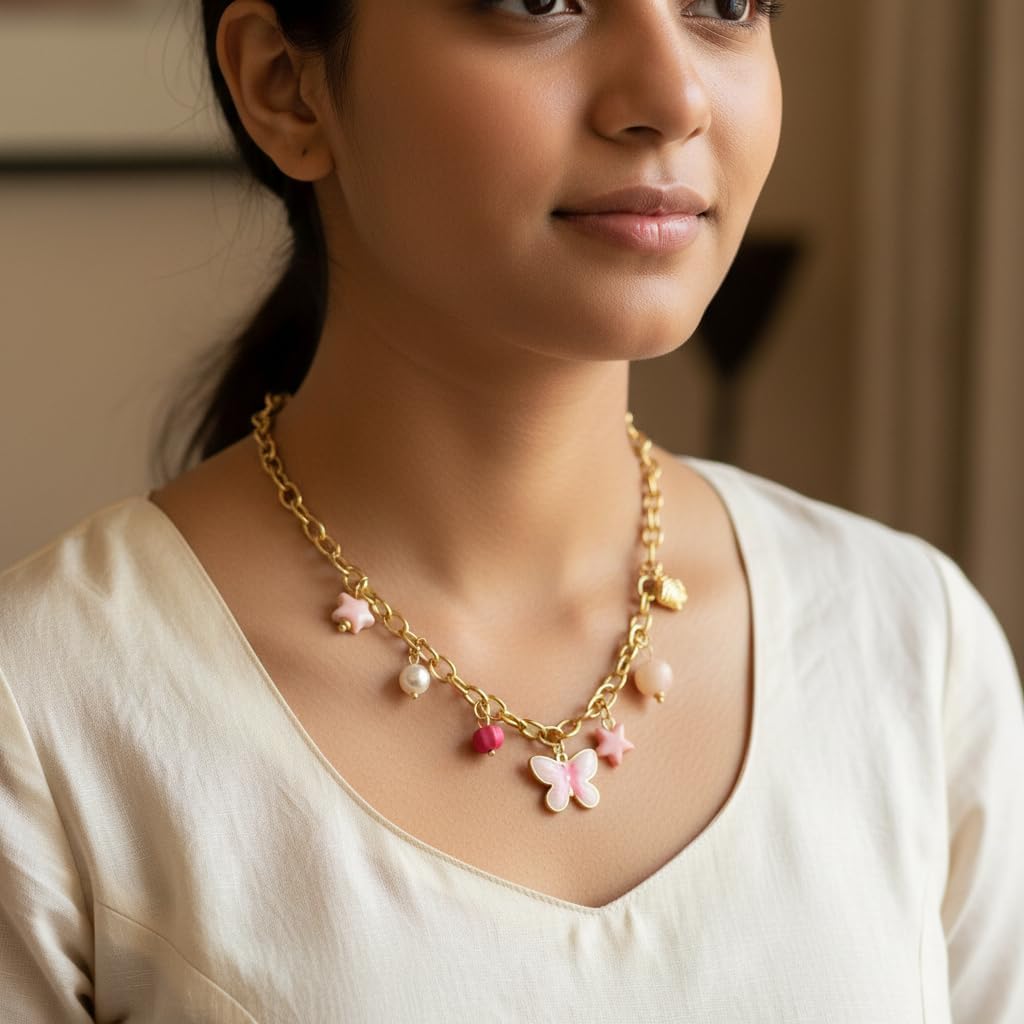 1370-Pretty Precious Premium Jewellery Mala Chain Necklace, Gold-Tone Stainless Steel, Pink Butterfly & Pearl Charms-Design-4