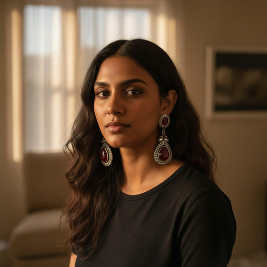 1363-Pretty Precious Oxidised Silver Stylish Party Wear Earrings for Women and Girls-Red Colour