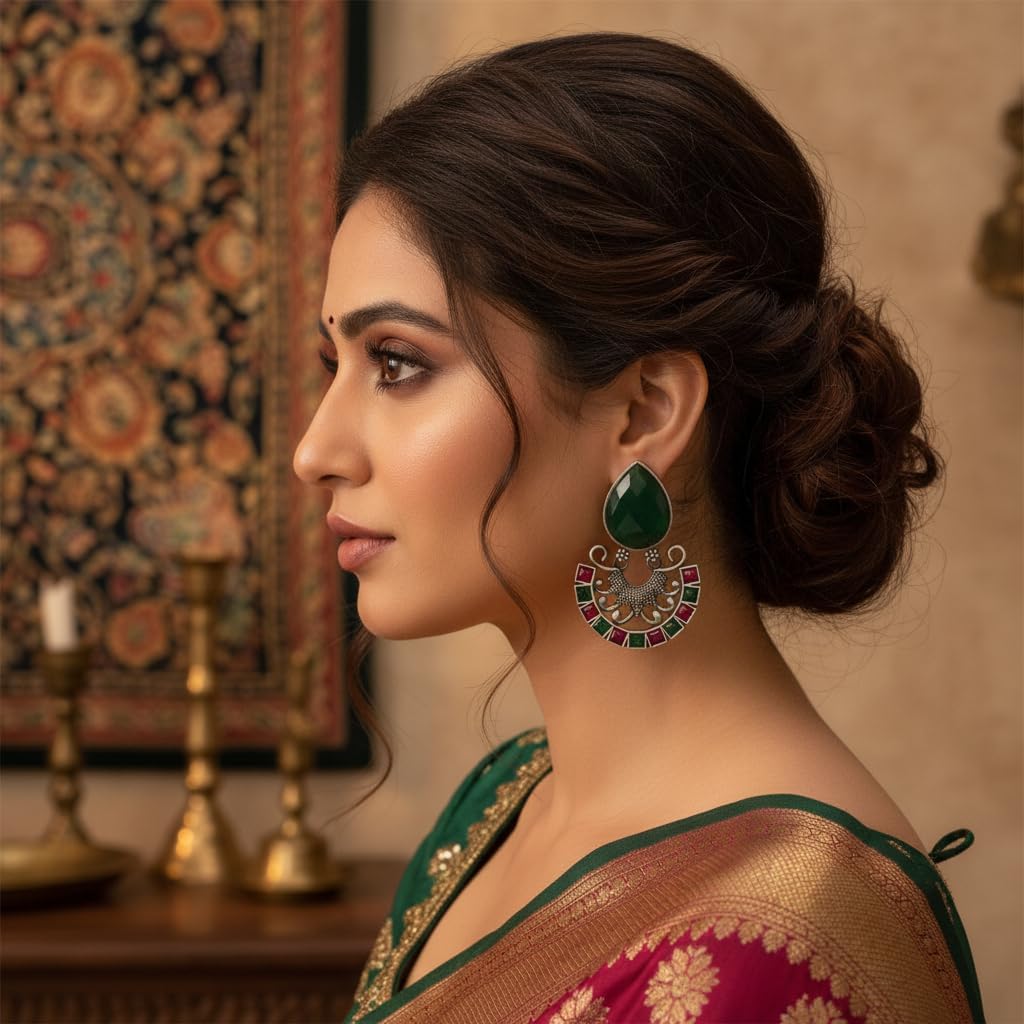 1525-Pretty Precious Oxidised Silver Stylish Party Wear Earrings for Women and Girls-Ruby Green