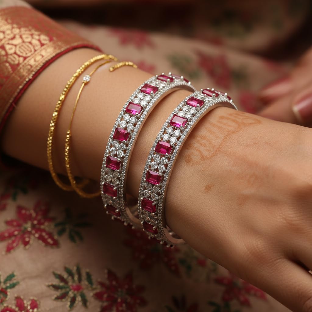 1470-Pretty Precious Rodhium-Plated Cubic Zirconia/American Diamond Traditional Bangles/Bracelet Set of 2 for Women and Girls -Ruby (Size 2.4)