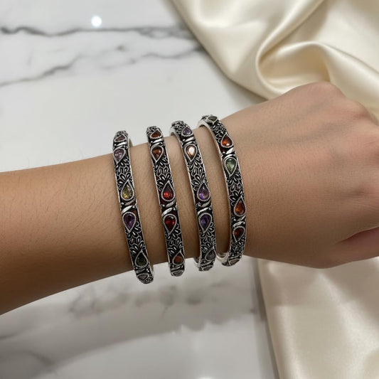 807072-Pretty Precious Oxidised Silver Bangles, Traditional Ethnic Style, Antique Finish, Size 2.4, 4 Pieces-Multicolour Stone