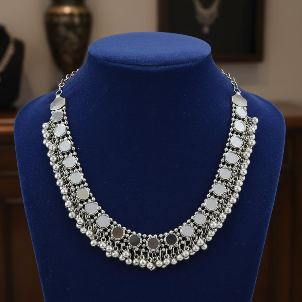 1551-Pretty Precious Latest Stylish Traditional Oxidised Silver Necklace (without earrings) for Women | Antique Finish Ethnic Necklace without Earrings | Festive & Party Wear