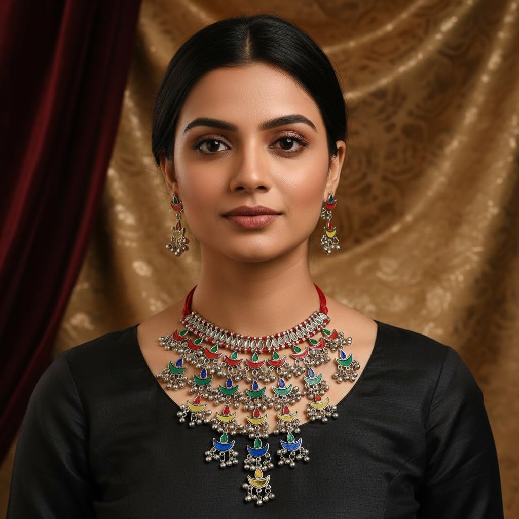 1560-Pretty Precious Latest Stylish Traditional Oxidised Silver Necklace Jewellery Set for Women | Antique Finish Ethnic Necklace with Earrings | Festive & Party Wear-Multi Colour Afghani Style