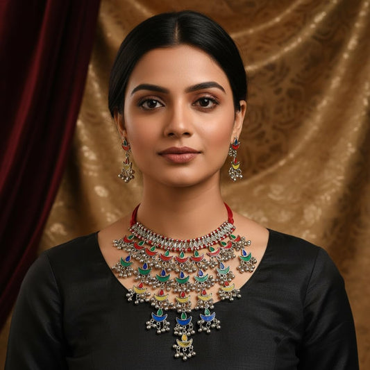 1560-Pretty Precious Latest Stylish Traditional Oxidised Silver Necklace Jewellery Set for Women | Antique Finish Ethnic Necklace with Earrings | Festive & Party Wear-Multi Colour Afghani Style