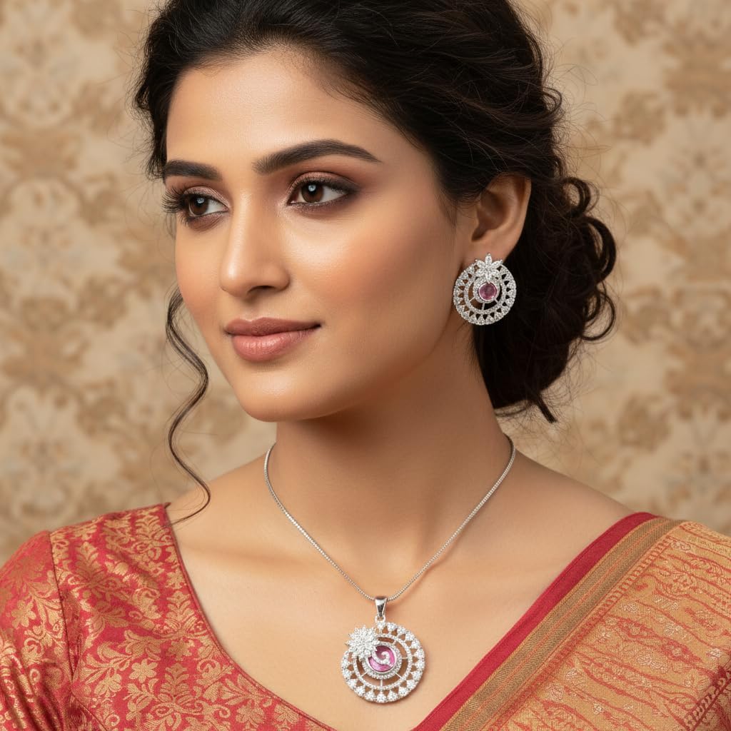 1381-PRETTY PRECIOUS Rodhium-Plated American Diamond Pendant Set with Earrings for Women and Girls, with Chain-Pink