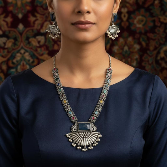 1554-Pretty Precious Latest Stylish Traditional Oxidised Silver Necklace Jewellery Set for Women | Antique Finish Ethnic Necklace with Matching Earrings | Festive & Party Wear-Yello & Blue