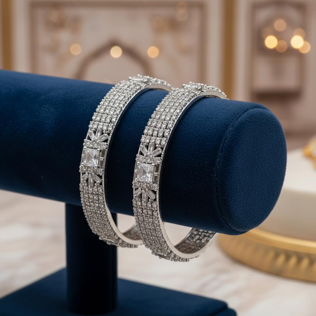 1459-Pretty Precious Rodhium-Plated Cubic Zirconia/American Diamond Traditional Bangles/Bracelet Set of 2 for Women and Girls -White (Size 2.6)
