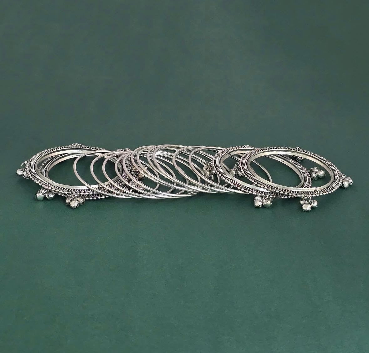 810602-Pretty Precious Silver Bangle Set, Metal Bangles with Bell Charms, Oxidized Finish, Traditional Indian Jewelry, Multi-Piece Stack Bracelet Set