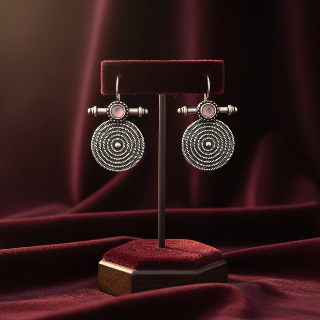 1539-Pretty Precious Oxidised Silver Stylish Party Wear Earrings for Women and Girls-Pink Stone