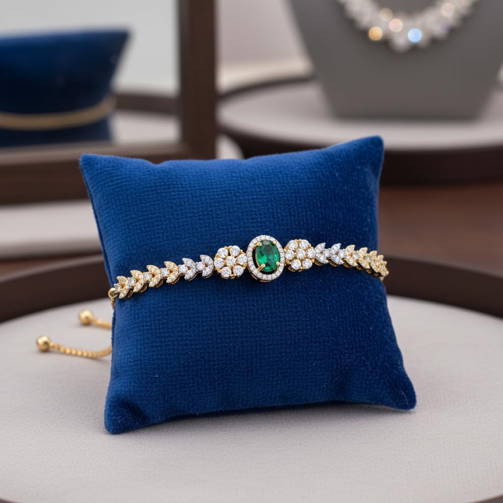 439543-Pretty Precious Gold Plated Cubic Zirconia Adjustable Chain Bracelet for Women | Elegant CZ Bracelet | Party, Wedding & Daily Wear Jewellery-Green