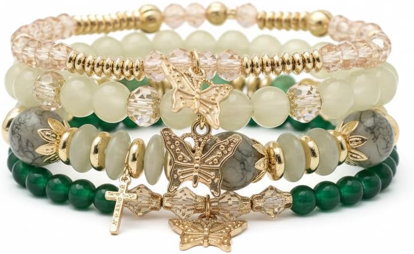 BC26155-Pretty Precious Boho Stackable Beaded Bracelet Set – Elastic Bracelets for Women – Coastal Inspired – Adjustable Handmade Beaded Bracelet (4-Piece Set)-Assorted Colour (Green)