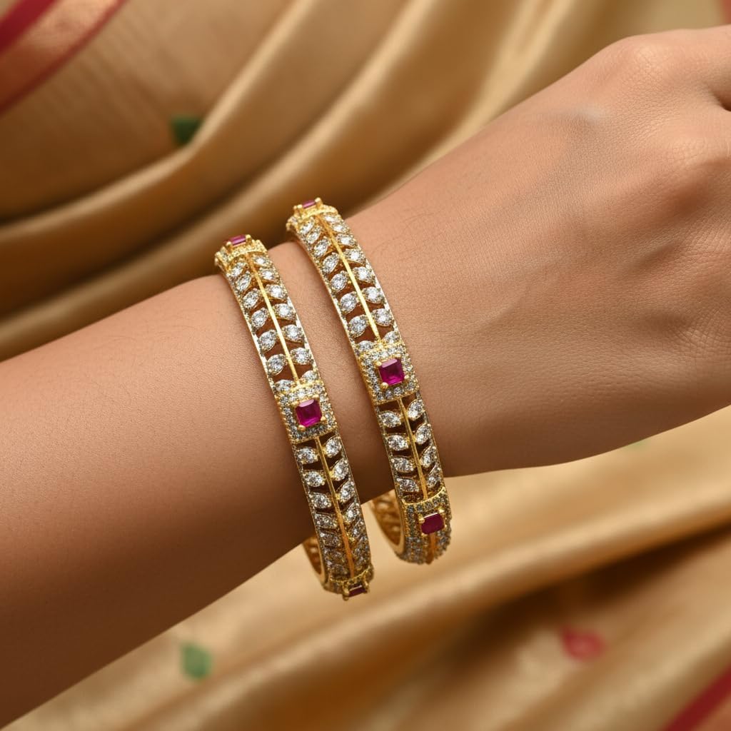1476-Pretty Precious Two Tone Cubic Zirconia/American Diamond Traditional Bangles/Bracelet Set of 2 for Women and Girls- (Size 2.6)-Ruby
