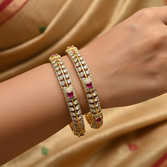 1476-Pretty Precious Two Tone Cubic Zirconia/American Diamond Traditional Bangles/Bracelet Set of 2 for Women and Girls- (Size 2.6)-Ruby