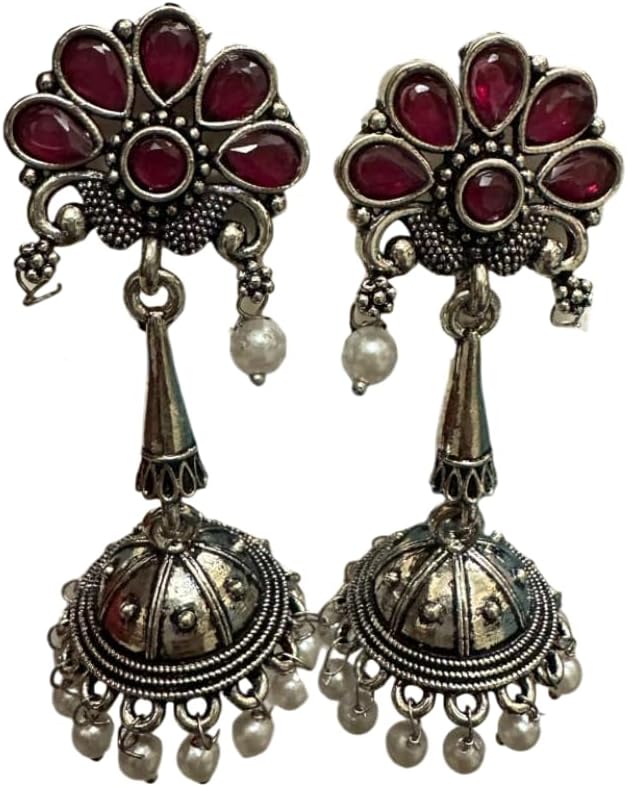 1350-Pretty Precious Oxidised Silver Stylish Party Wear Earrings for Women and Girls-Ruby