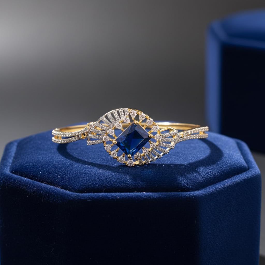 1413-Pretty Precious American Diamond Openable Kada Bracelet for Women, Gold & Silver Plating, Cubic Zirconia, One Size, Party & Wedding-Blue