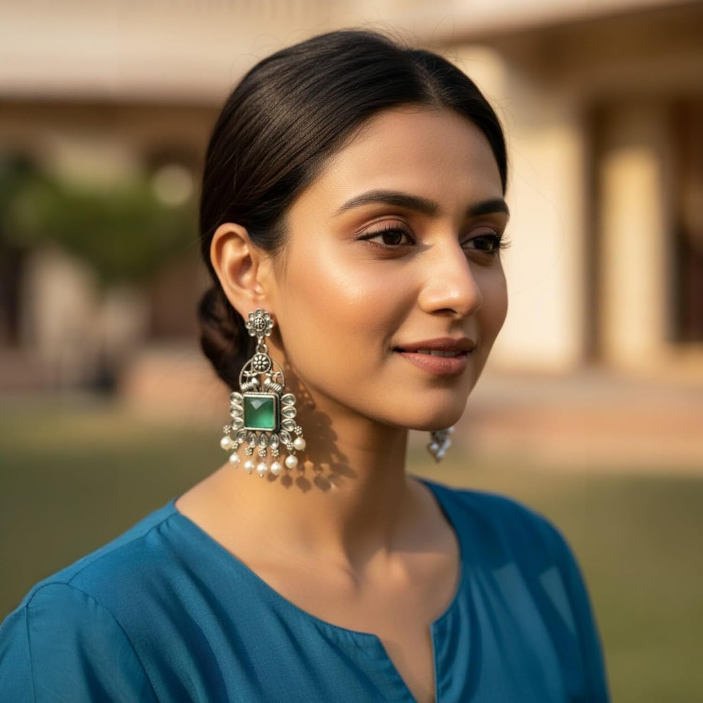 1347-Pretty Precious Oxidised Silver Stylish Party Wear Earrings for Women and Girls-Mint Colour
