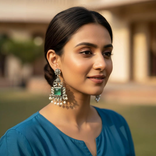 1347-Pretty Precious Oxidised Silver Stylish Party Wear Earrings for Women and Girls-Mint Colour