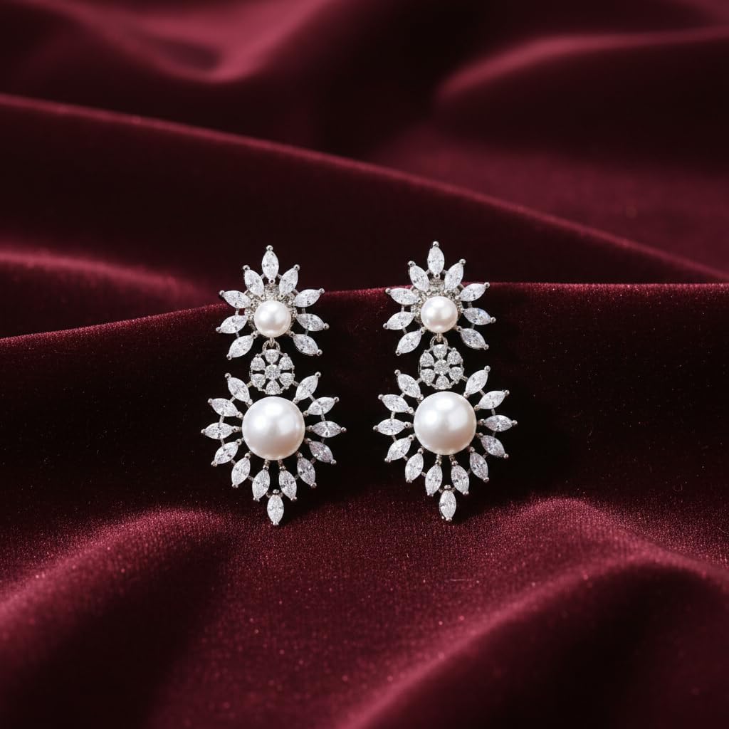 435176-Pretty Precious Rhodium Plated American Diamond Earrings for Women & Girls | AD Stud Earrings | Sparkling Cubic Zirconia Jewellery | Elegant Party & Daily Wear-White with Pearl