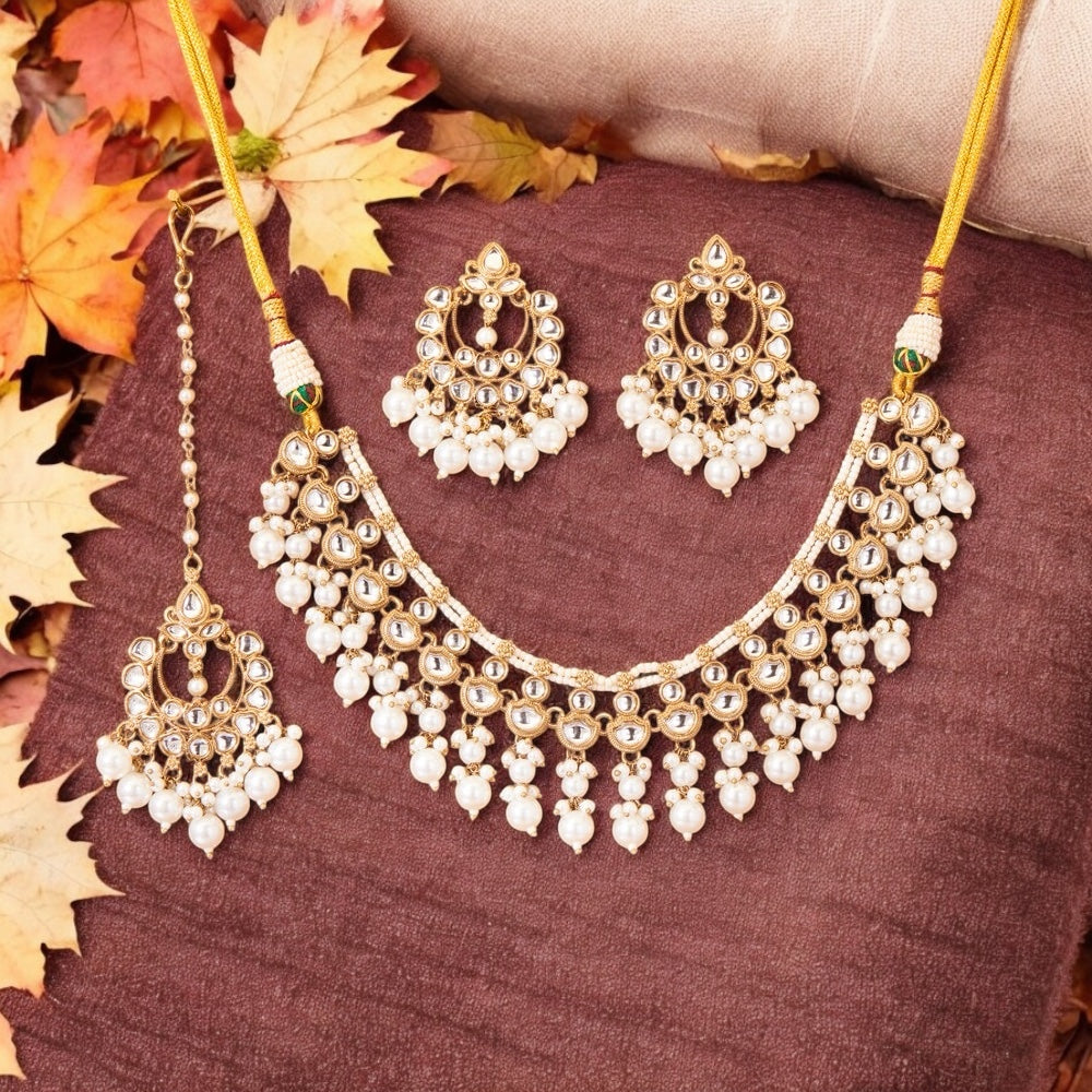 111800 Indo Western Kundan Necklace With Gold Plating-White