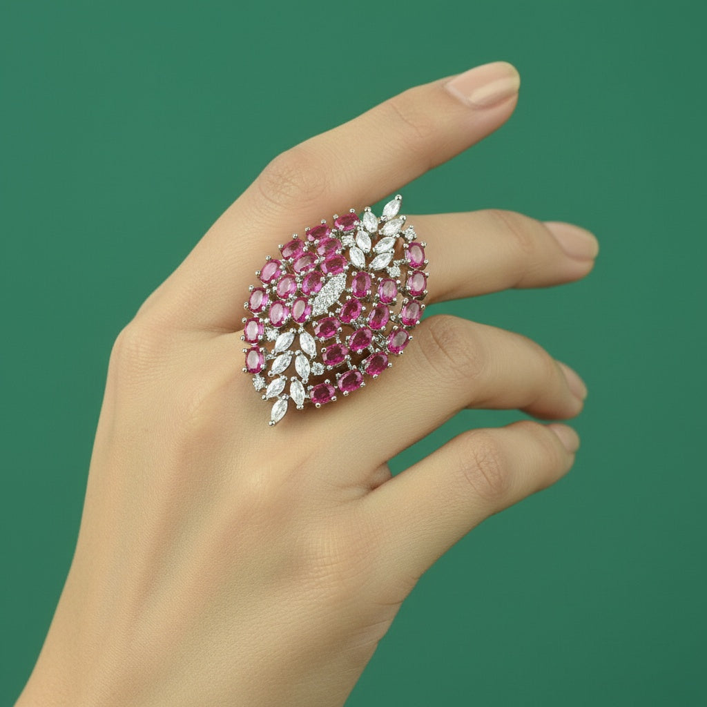 437645 Cz Adjustable Ring With Rhodium Plating-Rani